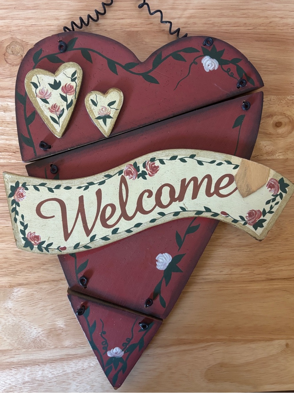 Vintage Rustic Wooden Heart Welcome Sign Hand Painted Country Cottagecore Decor
